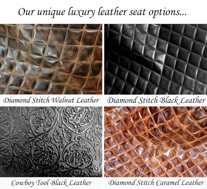 May include: Four different leather seat options: Diamond Stitch Walnut Leather, Diamond Stitch Black Leather, Cowboy Tool Black Leather, and Diamond Stitch Caramel Leather.
