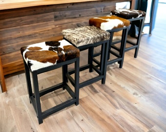 Cowhide Counter Stools, Western Bar Seating, Cowhide Kitchen Stools, Rustic Home Decor - FP