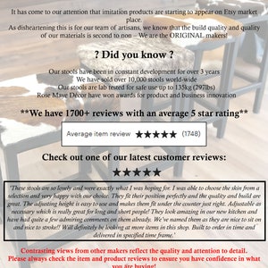 May include: A close-up of a customer review for a set of adjustable stools. The review is positive and mentions the quality of the stools, the ease of adjusting the height, and the overall satisfaction with the purchase. The review also includes a five-star rating and the text "We have 1700+ reviews with an average 5 star rating".