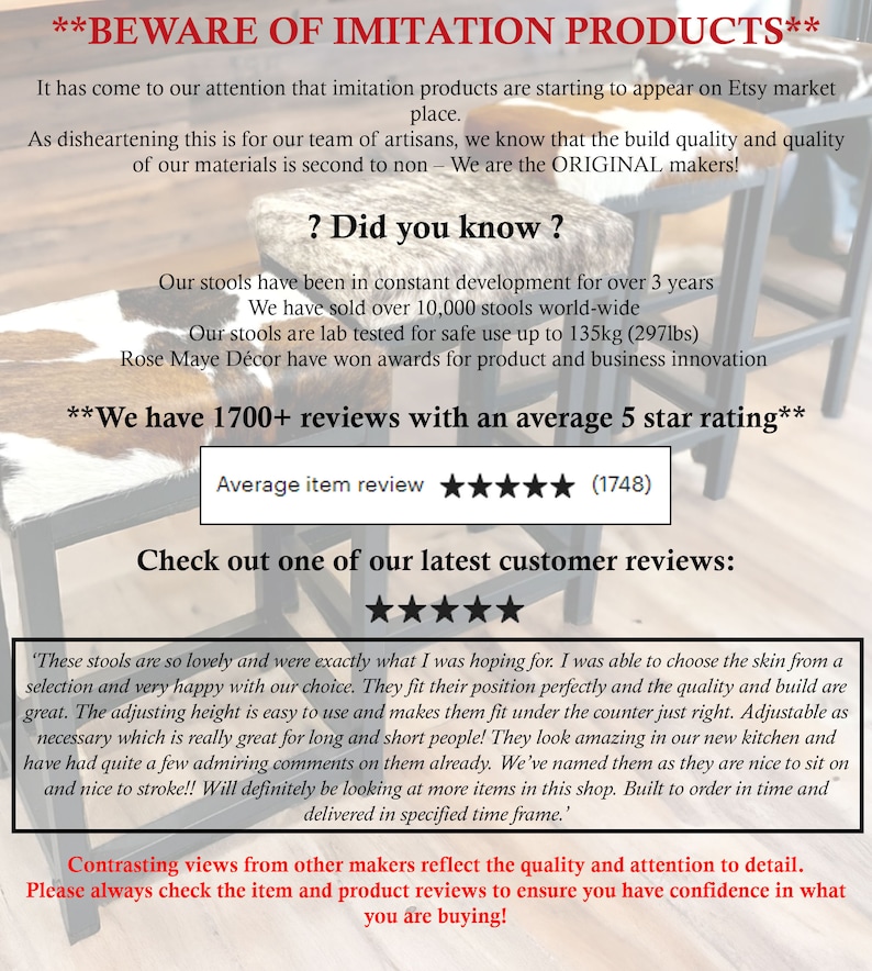 May include: A close-up of a customer review for a set of adjustable stools. The review is positive and mentions the quality of the stools, the ease of adjusting the height, and the overall satisfaction with the purchase. The review also includes a five-star rating and the text "We have 1700+ reviews with an average 5 star rating".