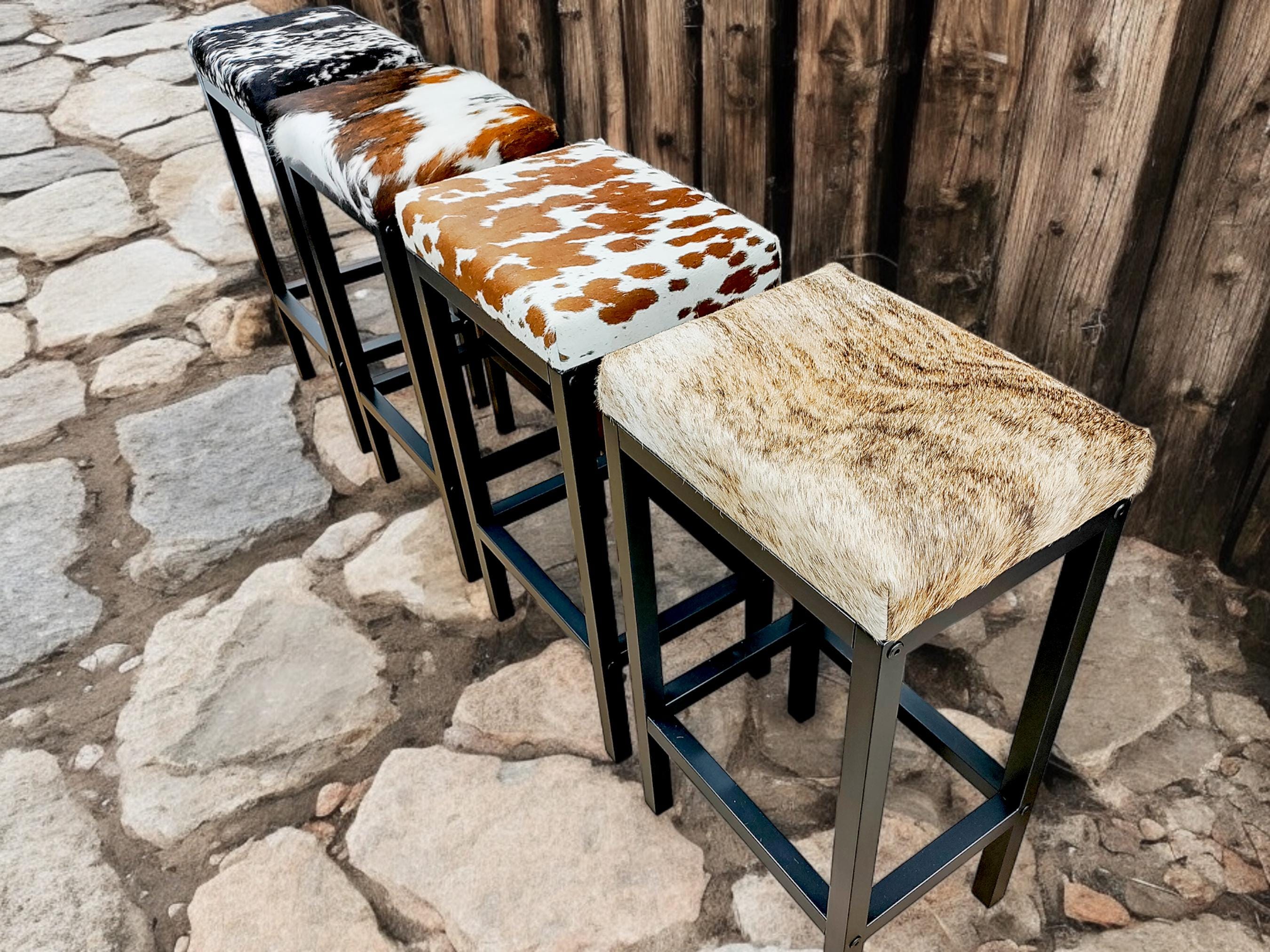 Genuine cowhide and steel stools, available in counter or bar height, custom made with a hide of your choice! - FP