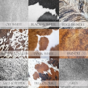 Puede incluir: Nueve patrones diferentes de piel de vaca, incluyendo blanco roto, blanco y negro, atigrado beige, blanco y marr&oacute;n, blanco y tostado, atigrado, sal y pimienta, tricolor y gris.
