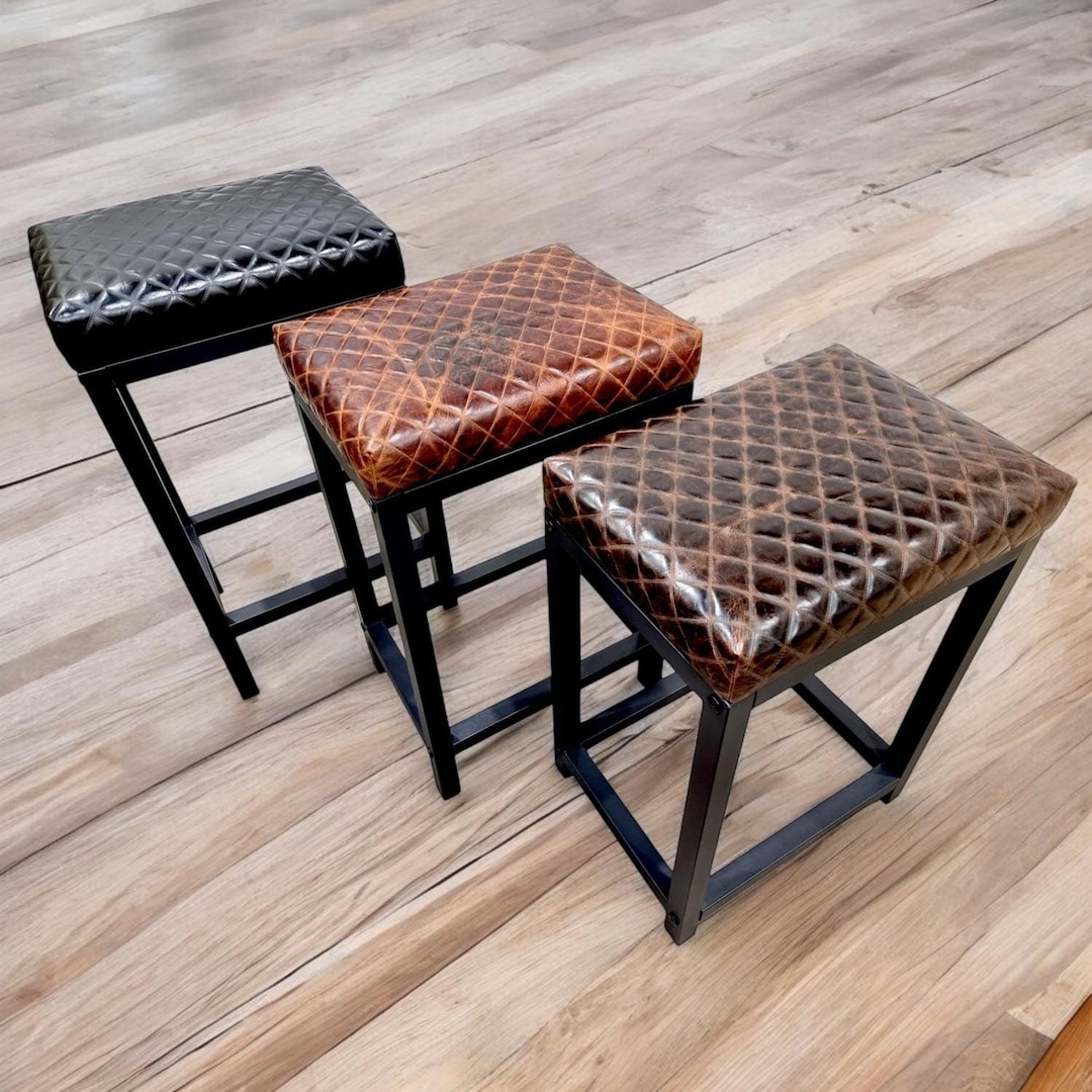 Diamond Stitched Leather Stool With a Matt Black Steel Frame, Various ...