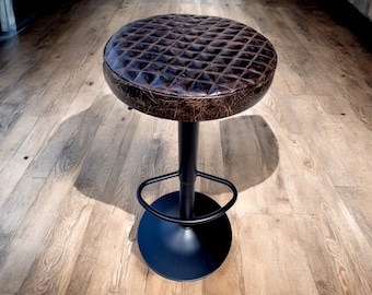 Diamond stitched genuine leather round stools with matte black steel frame (b) - GL