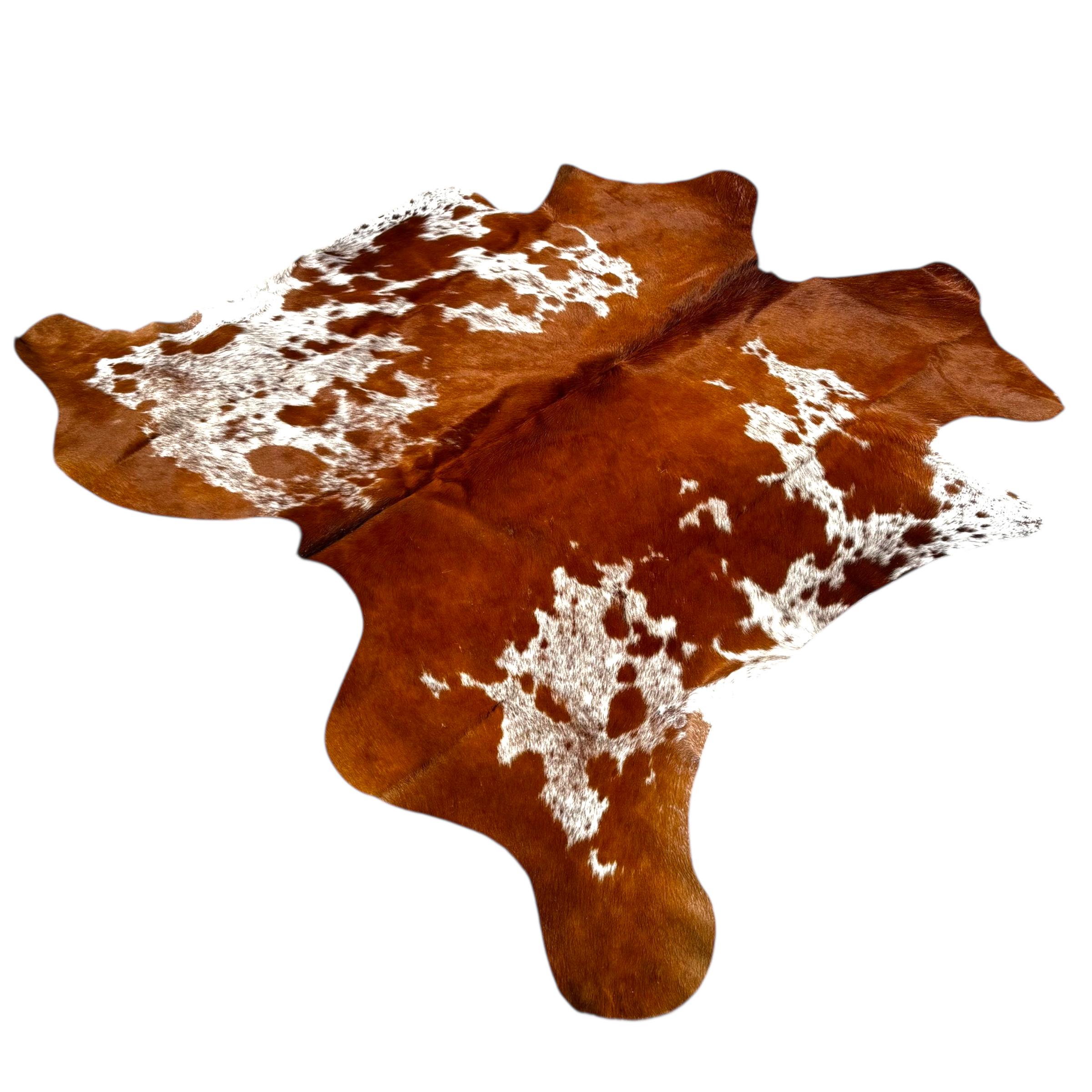 大型本牛革ラグ、ブラウンレッドタンホワイト、毛付き、現状販売