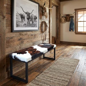 Cowhide and Steel Entry Way Bench, Modern Dining Bench, Entry Bench, Industrial Style Seating - FPB image 11