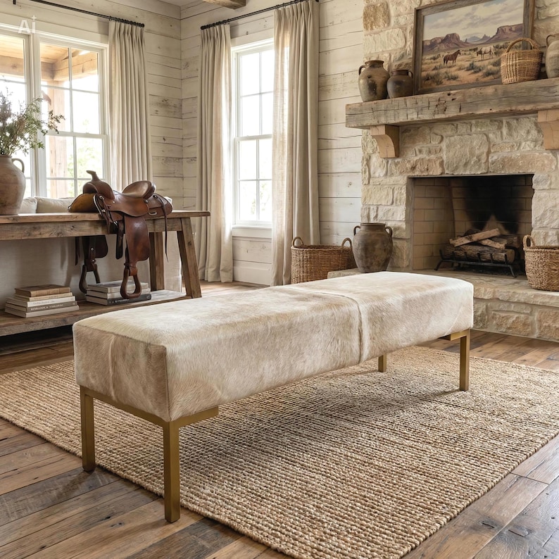 May include: A rectangular bench upholstered in light beige and cream-colored cowhide leather. The bench features a sleek, minimalist frame with four straight, metallic gold-toned legs that provide a stable base for the seat.
