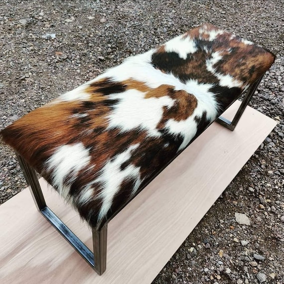 Cowhide bench / Cowhide ottoman - 45" wide - Genuine cowhide and steel -  Handmade in England 115cm - RGB