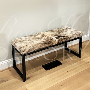 Genuine cowhide bench / cowhide ottoman  -Matte Black Steel Frame - Handmade -FPB-
