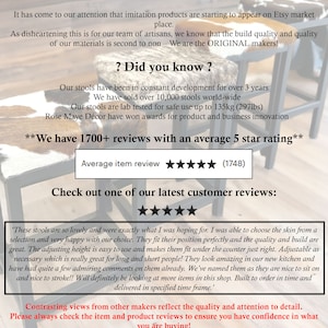 Peut inclure: Gros plan sur un avis client pour un ensemble de tabourets r&eacute;glables. L'avis est positif et mentionne la qualit&eacute; des tabourets, la facilit&eacute; de r&eacute;glage de la hauteur et la satisfaction g&eacute;n&eacute;rale de l'achat. L'avis comprend &eacute;galement une note de cinq &eacute;toiles et le texte "We have 1700+ reviews with an average 5 star rating".