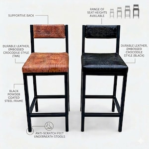 May include: Two bar stools with black powder-coated steel frames. One has a tan embossed crocodile-style leather seat and back, the other has black. Both have supportive backs and anti-scratch feet. The image shows a range of seat heights available.