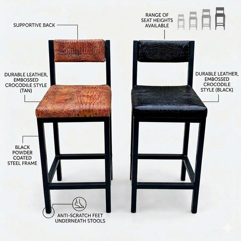 May include: Two bar stools with black powder-coated steel frames. One has a tan embossed crocodile-style leather seat and back, the other has black. Both have supportive backs and anti-scratch feet. The image shows a range of seat heights available.