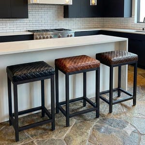 Diamond Stitched Leather Bar Stool, Steel Frame, Counter Stool, Kitchen Seating, Modern Barstool - FP image 12