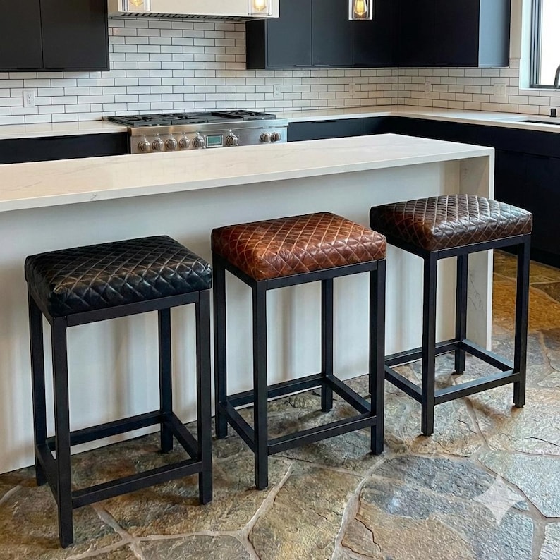 Diamond Stitched Leather Bar Stool, Steel Frame, Counter Stool, Kitchen Seating, Modern Barstool - FP image 12