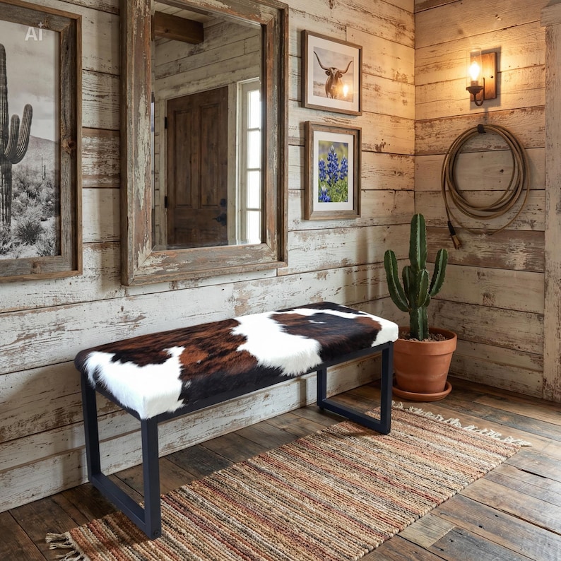 Cowhide and Steel Entry Way Bench, Modern Dining Bench, Entry Bench, Industrial Style Seating - FPB image 1