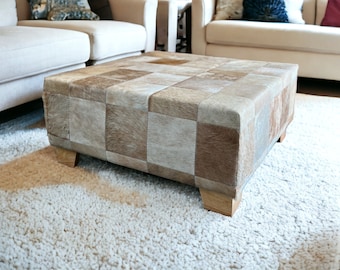 Cowhide ottoman | Beige patchwork cowhide footstool | Handmade - FREE SHIPPING - FO