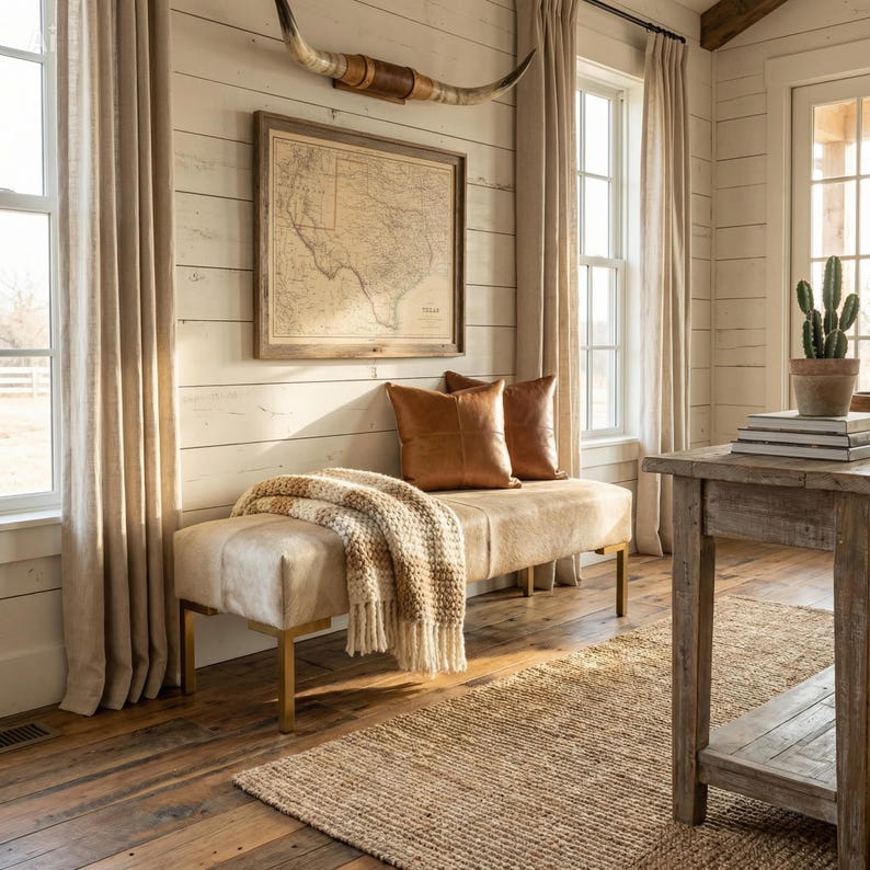 May include: A rectangular bench with a light-colored hide upholstery and gold-toned metal legs, topped with a textured cream and brown throw blanket and two brown leather pillows, positioned beneath a framed map and a longhorn steer skull.