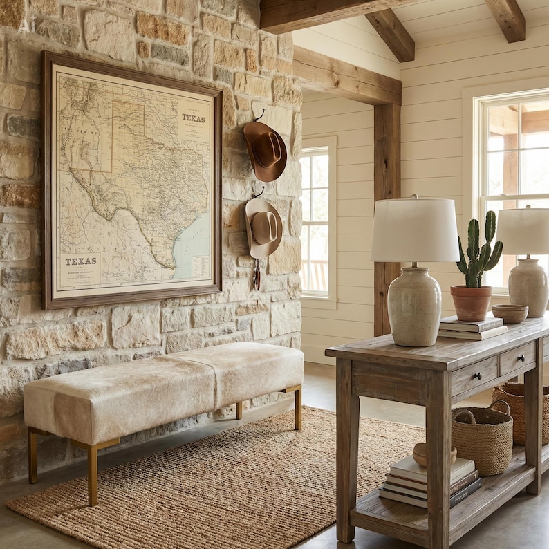 May include: A framed vintage map of Texas hangs on a stone wall above a light-colored bench. Two brown cowboy hats are mounted on the wall. A wooden console table holds a ceramic lamp, a potted cactus, and books on a lower shelf.