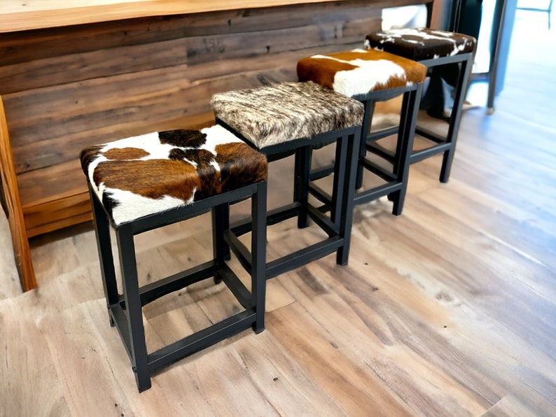 Genuine Cowhide Steel Counter Stool, Handmade Barstool, Industrial Kitchen stool -FP-