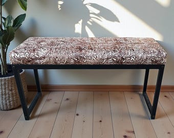 Genuine Leather and Steel Bench for entry way, dining, bedroom | Ivory Chocolate Floral - FPB