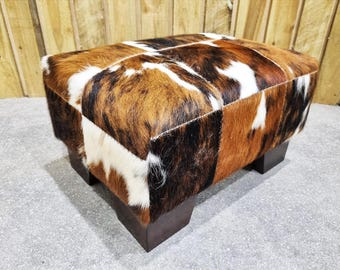 Reposapiés de piel de vaca auténtica con patchwork / Tamaños personalizados / Otomana acolchada - FS
