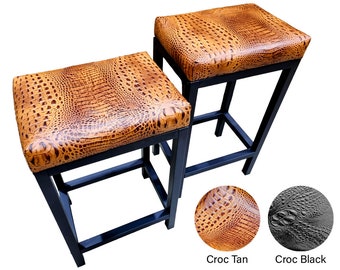 Crocodile Saddle tan or black genuine leather counter stool | Crocodile 'look' real leather - counter stool | Bar stool - Handmade - FP