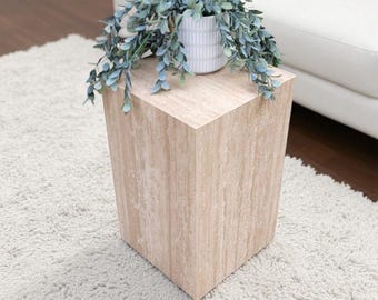 Genuine Beige Travertine Accent Table | Plinth Side Table | Marble End Table