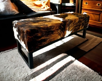 Custom made Cowhide & Steel Bench, For Entryway Bedroom End-of-Bed, Upholstered Footstool (b) - FB