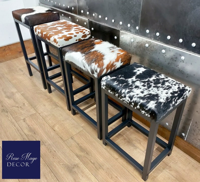 Genuine Cowhide & steel stool- (PRICED per STOOL) - counter top / bar stools - Various seat heights available! - Worldwide shipping -FP- 