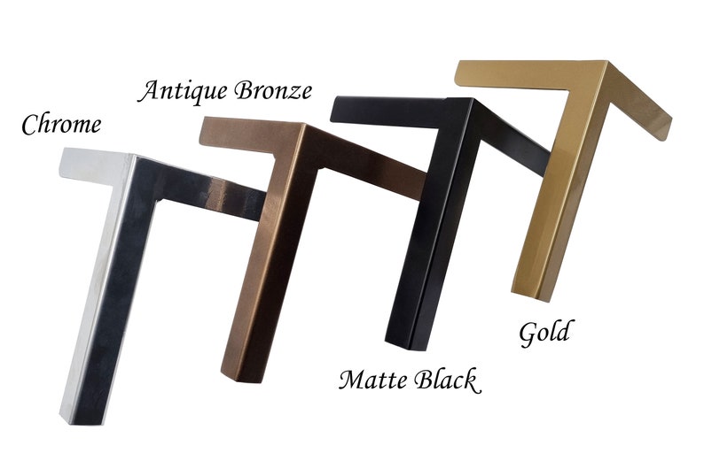 May include: Four metal table legs in different finishes: chrome, antique bronze, matte black, and gold.