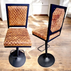 Cognac vintage diamond stitched leather adjustable counter stools - GLBK