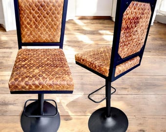 Cognac vintage lederen verstelbare barkruk met diamantstiksel - GLBK