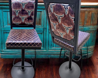 Texas longhorn turkooisbruine leren barkrukken met rugleuning - GLBK