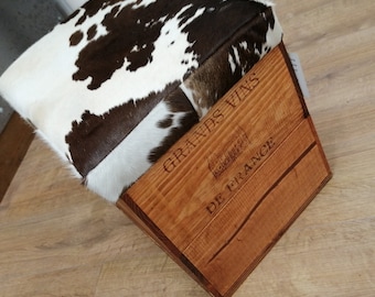 Bespoke, Handmade wine crate ottoman / storage box / foot stool with genuine cowhide padded top