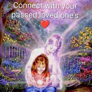 Pode incluir: Uma ilustração digital de uma criança sentada num jardim, segurada por uma figura translúcida e brilhante. O texto diz Connect with your passed loved one's, com um ícone de coração vermelho. A cena inclui flores e árvores coloridas.