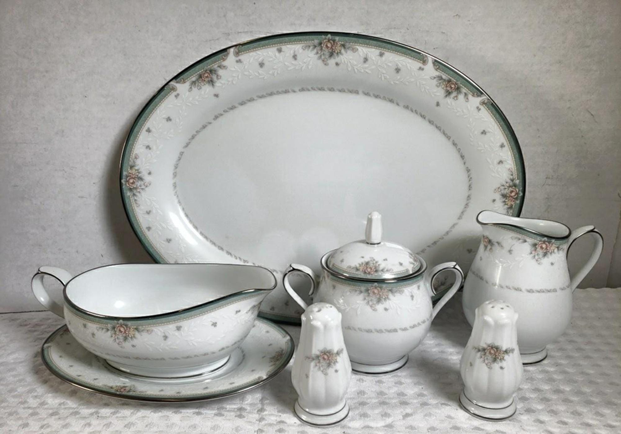 Noritake Greenbrier 4101 China, Platinum Trim, Floral Bouquets
