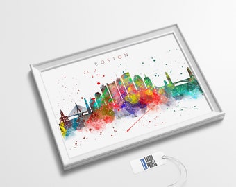 Boston Skyline Abstract Watercolor Painting Art Print by Artist DJ Rogers