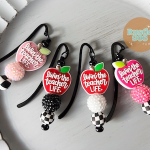 Teacher Bookmarks, Beaded Bookmarks, Livin The Teacher Life, Gift For Teacher, Apple, Pink and Red, Planner Marker