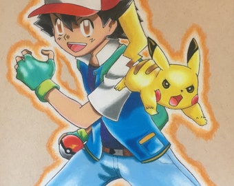 May include: A hand-drawn illustration of a cartoon character, Ash Ketchum, from the Pokemon anime series. Ash is wearing his signature blue and white vest, red and white baseball cap, and blue jeans. He is holding a green Pokeball in his left hand and has a yellow Pikachu Pokemon on his right shoulder. The background is a light brown color with a yellow glow around Ash and Pikachu.