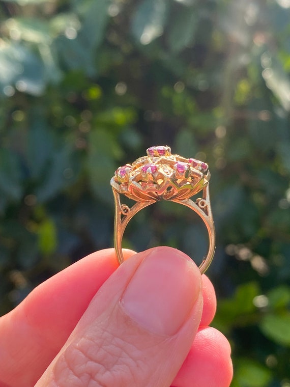 Vintage 9ct yellow gold Ruby & diamond cocktail r… - image 4