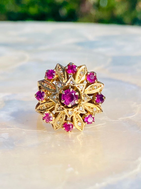Vintage 9ct yellow gold Ruby & diamond cocktail r… - image 1