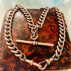 Antique Edwardian 9ct Rose gold Albert chain with T bar and dog clips.
