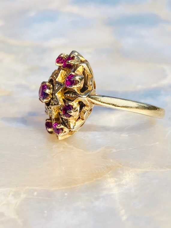 Vintage 9ct yellow gold Ruby & diamond cocktail r… - image 2