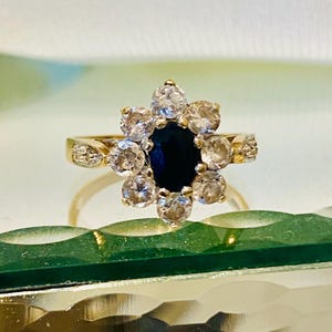 Vintage 9ct gold sapphire & cz cluster ring SIZE L