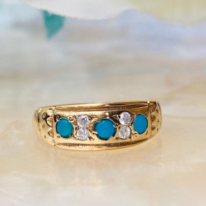 Vintage 9ct Gold Türkis und Strass Ring SIZE O in Box 1970er Jahre