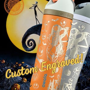 May include: Orange and gray Owala water bottles with custom engraved designs. The orange bottle features characters from The Nightmare Before Christmas. The text "Custom Engraved!" is visible. The background includes a moon and pumpkins.