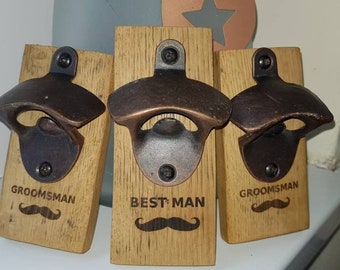 Rustic oak bottle openers personalised to suit