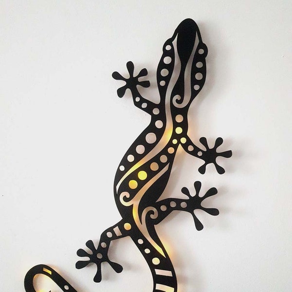 Wanddeko Gecko (Echt Holz) Dekoration Wandbild Wohnzimmer Wand Deko Wandbeleuchtung, Schwarz, mit Led Beleuchtung