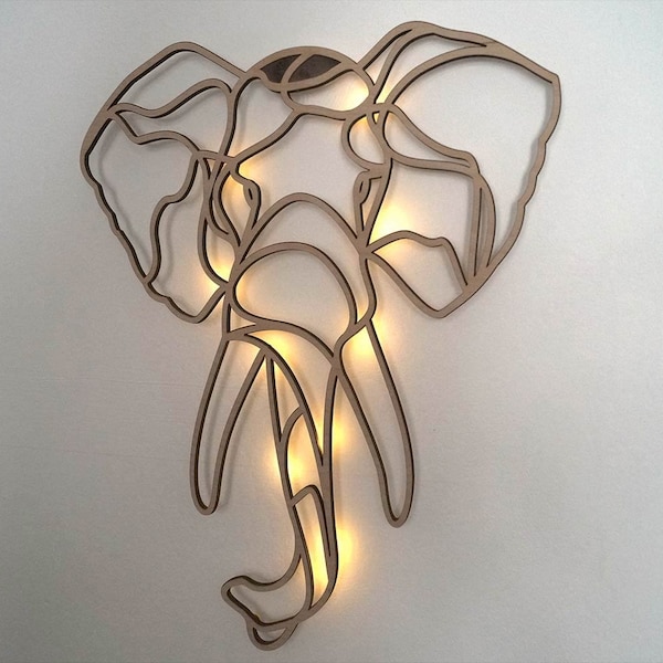 Wanddeko Elefant (Echt Holz) Wandbild Afrika Wanddekoration Geschenk Wohnzimmer Schlafzimmer Idee Wandbild Natur Wand Deko, mit LED Licht