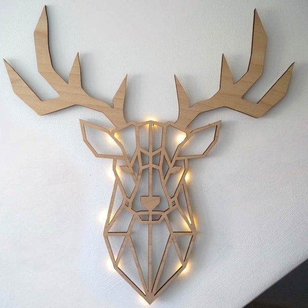 Wanddeko Hirsch (Echt Holz) Wandbild Tierkopf Wanddekoration Geschenk Wohnzimmer Schlafzimmer Idee Wandbild Natur Wand Deko, mit LED Licht